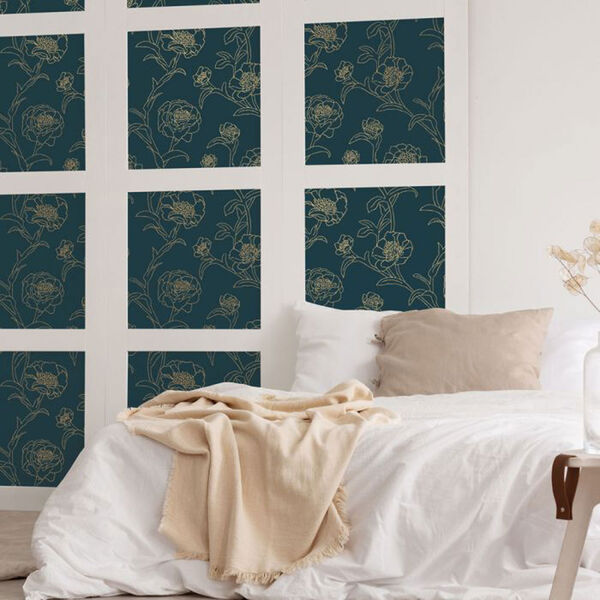 Peonies Blue and Metallic Gold 56 Sq. Ft. Peacock Peel and Stick Wallpaper, image 6