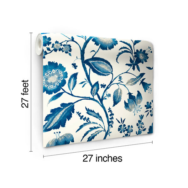 Ashford House Tropics Off-White and Blue Watercolor Jacobean Wallpaper, image 7