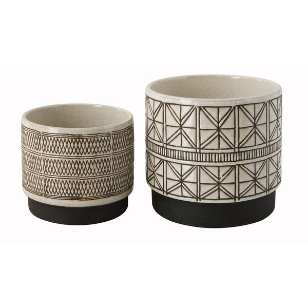 Terrain White Stoneware Planters with Black Designs - Set of 2, image 1