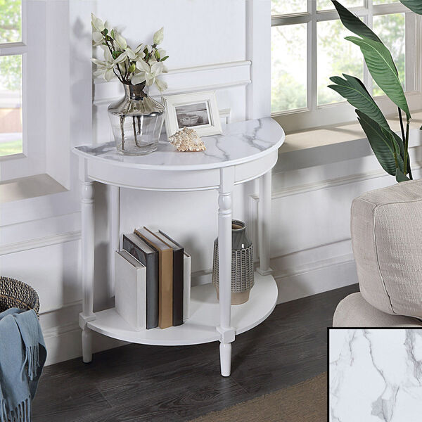 French Country White Faux Marble White Half-Round Entryway Table with Shelf, image 2