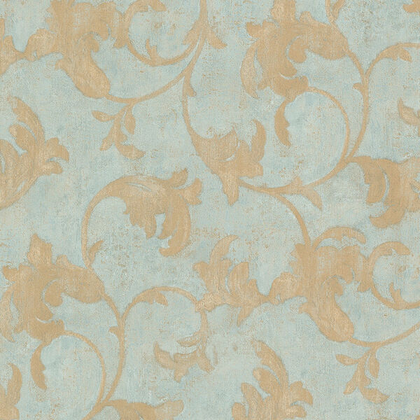 Veneto Metallic Gold and Turquoise Leaf Scroll Wallpaper - SAMPLE SWATCH ONLY, image 1