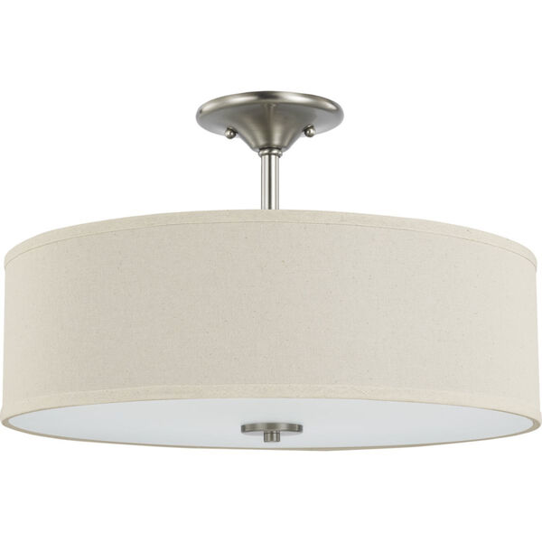 Inspire Brushed Nickel 18-Inch Three-Light Semi-Flush Mount with Off White Linen Shade, image 1