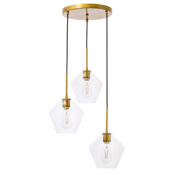 Gene Brass 18-Inch Three-Light Pendant with Clear Glass, image 5