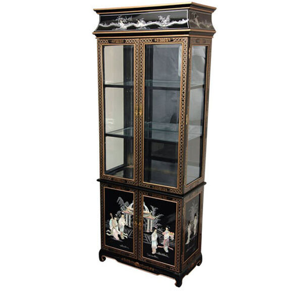 Lacquer Curio Cabinet - Black Mother of Pearl Ladies, Width - 28.5 Inches, image 1