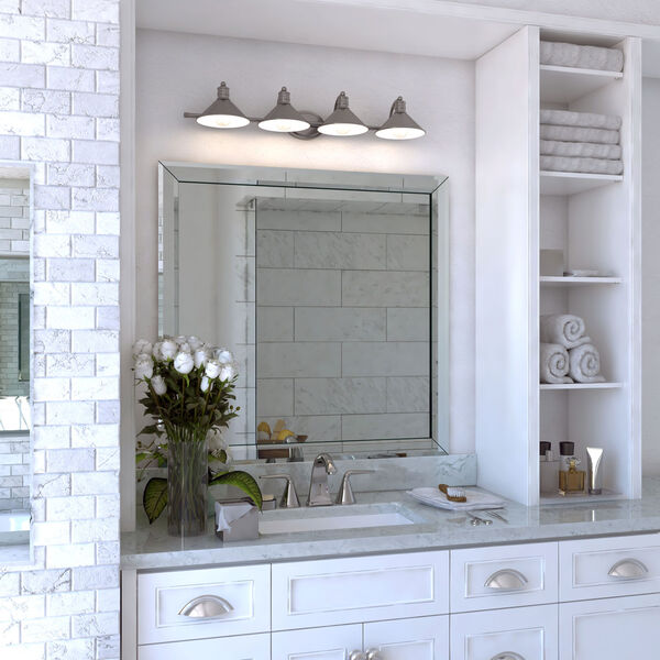 Akron Satin Nickel and Matte White Four-Light Bath Vanity, image 3