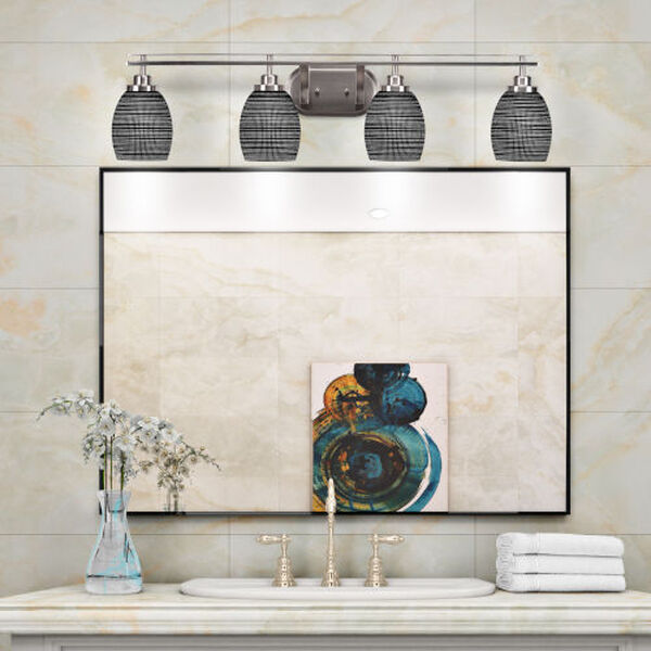 Odyssey Brushed Nickel Four-Light Bath Vanity with Black Matrix Glass, image 2