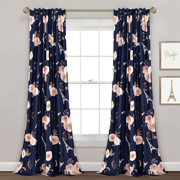 Vintage Paris Navy and White 52 x 84 In. Rose Butterfly Script Window Curtain Panel, Set of 2, image 1