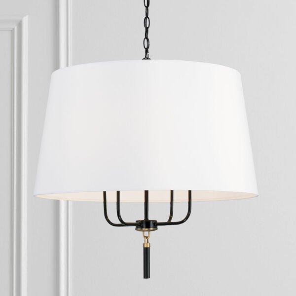 Beckham Glossy Black and Aged Brass Four-Light Drum Pendant with White Fabric Shade, image 2