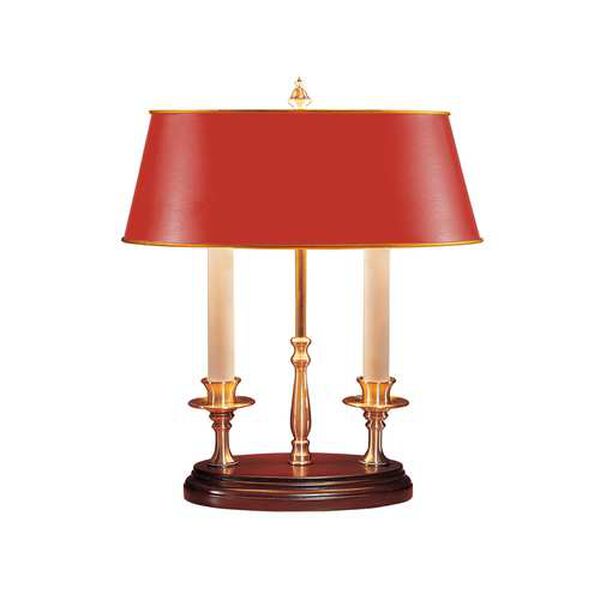 Solid Brass and Red Two-Light Twin Candle Desk Lamp, image 1