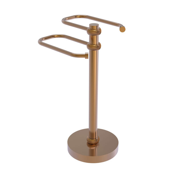 Brushed Bronze Eight-Inch Free Standing Two Arm Guest Towel Holder with Twisted Ring Detail, image 1