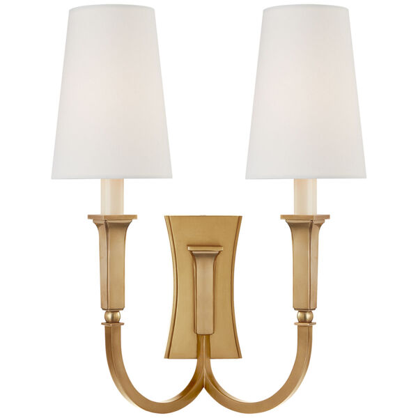 Delphia Large Double Arm Sconce in Hand-Rubbed Antique Brass with Linen Shade by Thomas O'Brien, image 1