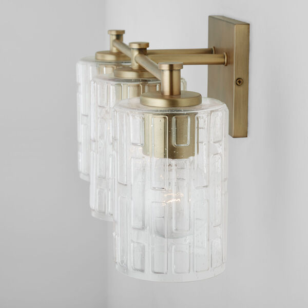 Aged Brass Three-Light Bath Vanity with Clear Embossed Glass, image 3