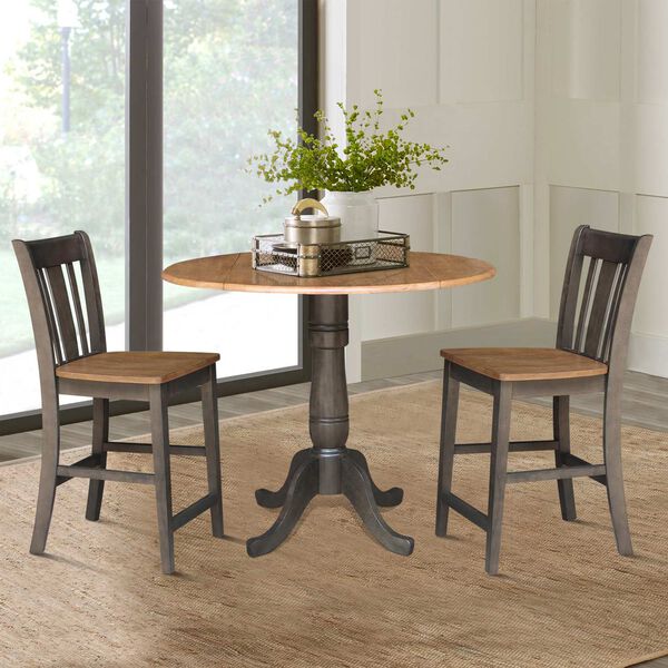 Hickory Washed Coal Round Dual Drop Leaf Counter Height Dining Table with 2 Splatback Stools, 3 Piece Set, image 3