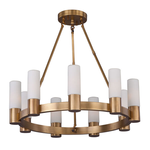 Contessa Natural Aged Brass Nine Light Single-Tier Chandelier with Satin White Glass Shade, image 1