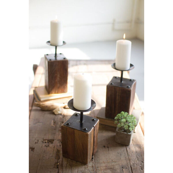 Beige Recycled Wood Candle Holder, Set of Three, image 1