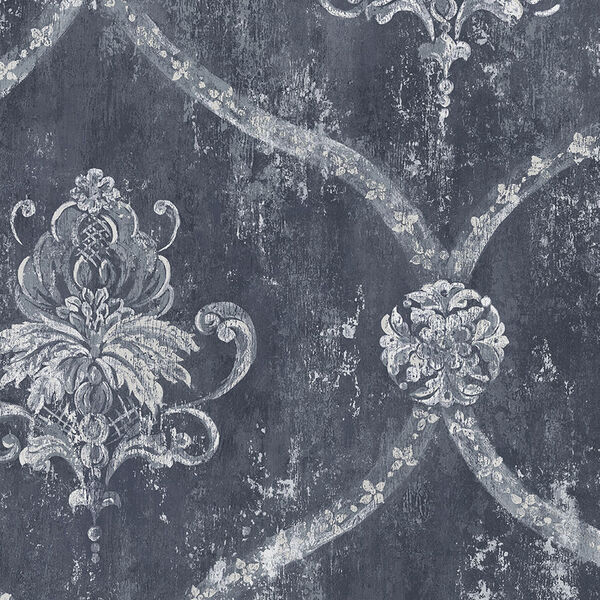 Regal Damask Blue and Metallic Silver Wallpaper - SAMPLE SWATCH ONLY, image 1
