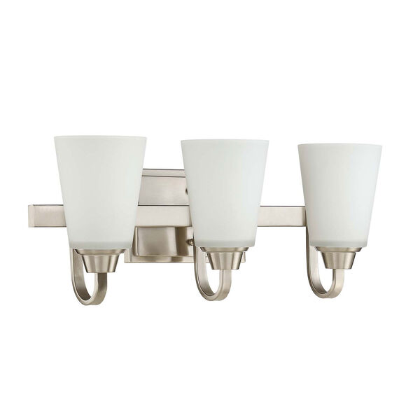 Grace Brushed Nickel Three-Light Vanity with White Frosted Glass Shade, image 1