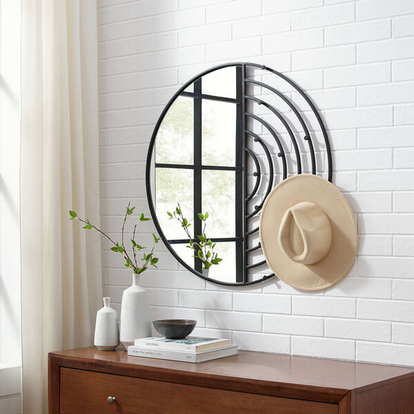 Elle Black Round Wall Mirror with Hooks, image 2