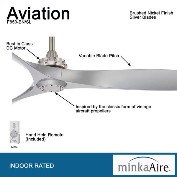 Aviation 60-Inch Ceiling Fan in Brushed Nickel with Three Silver Blades, image 7