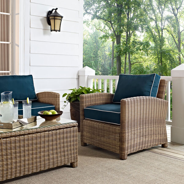 Bradenton Outdoor Wicker Arm Chair with Navy Cushions, image 2