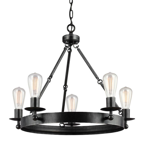 River Station Weathered Black with Wood Five-Light Chandelier, image 1