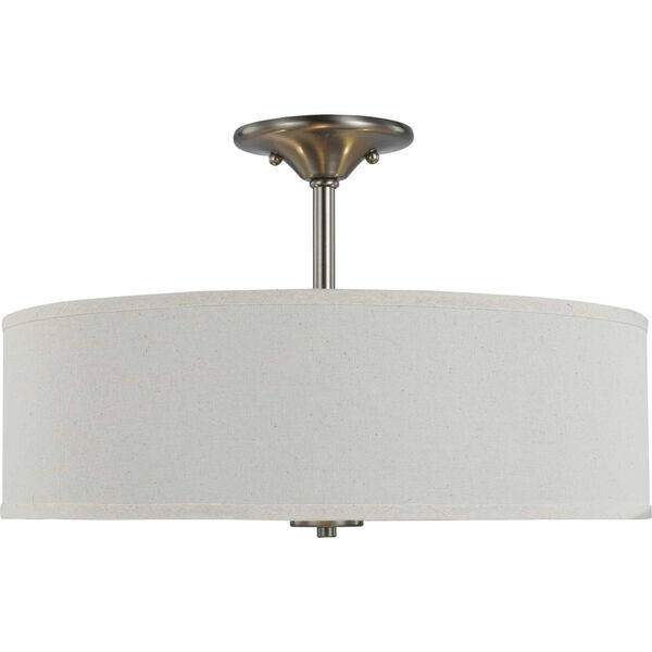 Inspire Brushed Nickel 18-Inch Three-Light Semi-Flush Mount with Off White Linen Shade, image 2