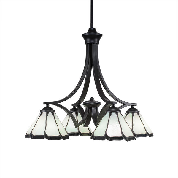 Zilo Matte Black Four-Light Chandelier with Pearl and Black Flair Tiffany Glass, image 1