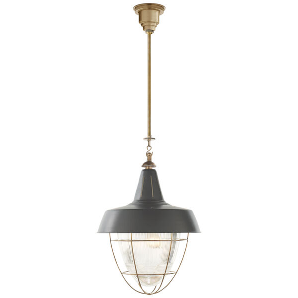 Henry Industrial Hanging Light in Hand-Rubbed Antique Brass with Green Shade by Thomas O'Brien, image 1