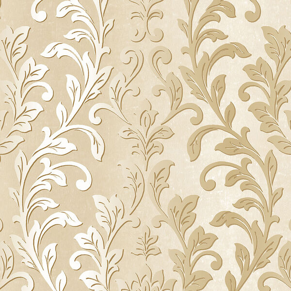 Silver Leaf Damask Cream and Metallic Gold Wallpaper, image 1