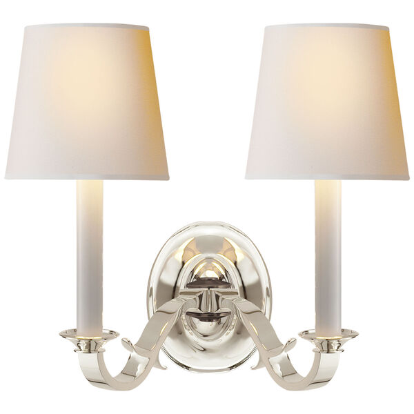 Channing Double Sconce in Polished Silver with Natural Paper Shades by Thomas O'Brien, image 1