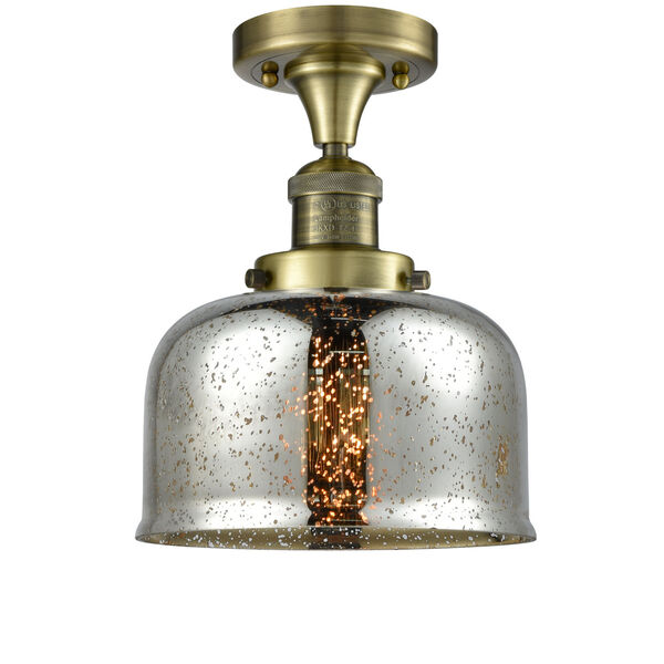 Large Bell Antique Brass LED Semi Flush Mount with Silver Plated Mercury Glass, image 1