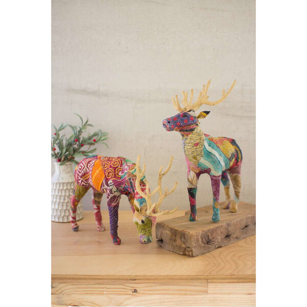 Multicolor Kantha Covered Table Top Reindeer, Set of 2, image 2