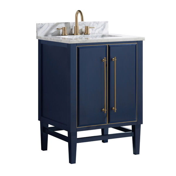 Navy Blue 25-Inch Bath vanity Set with Gold Trim and Carrara White Marble Top, image 2