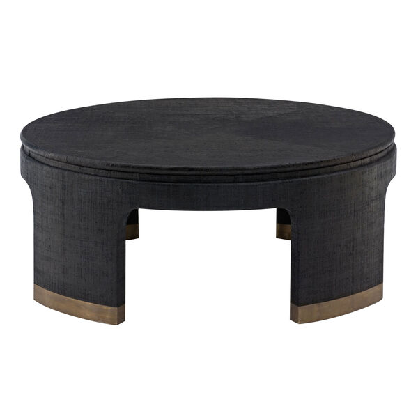 Freestanding Occasional Black and Antique Satin Gold Raffia, Wood and Metal Cocktail Table, image 1