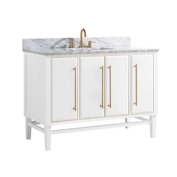 White 49-Inch Bath vanity Set with Gold Trim and Carrara White Marble Top, image 2