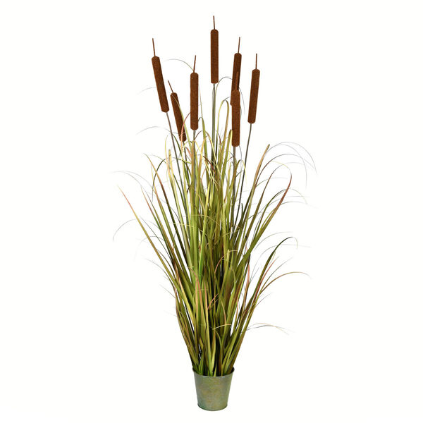 Green 60-Inch Cattail Grass with Iron Pot, image 1