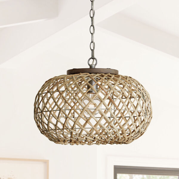 Rattan and Antique Nickel One-Light Pendant, image 2