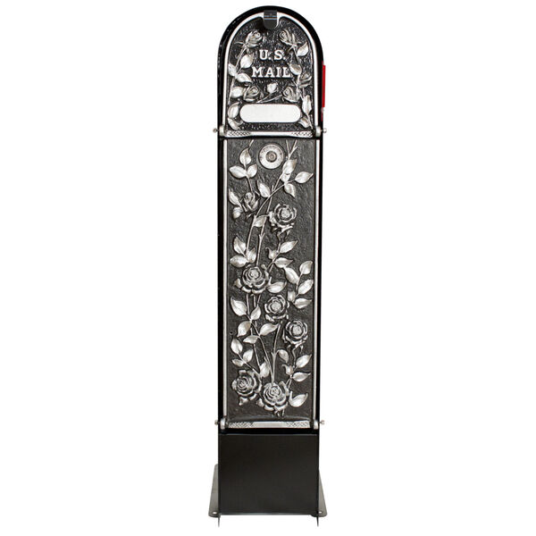 MailKeeper 100 Black and Silver 49-Inch Locking Column Mount Mailbox with Decorative Morning Rose Design Front, image 1