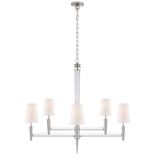 Lyra Two Tier Chandelier in Polished Nickel and Crystal with Linen Shades by Thomas O'Brien, image 1