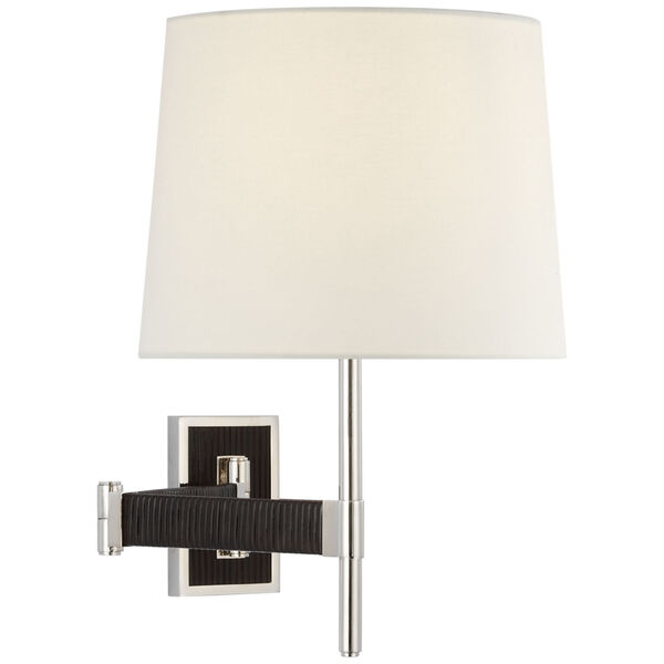 Elle Swing Arm Sconce in Polished Nickel and Black Rattan with Linen Shade by Suzanne Kasler, image 1