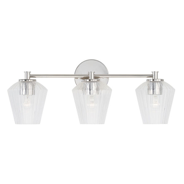 Beau Polished Nickel Three-Light Bath Vanity with Clear Fluted Glass Shades, image 2