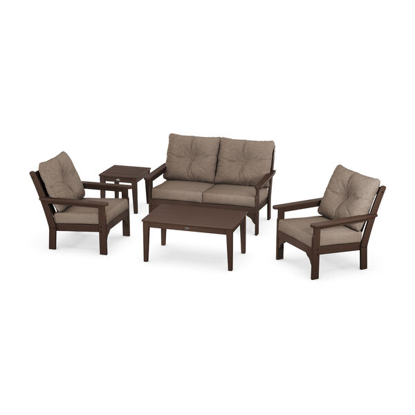 Vineyard Mahogany and Spiced Burlap Deep Seating Set with Rectangular Table, 5-Piece, image 1