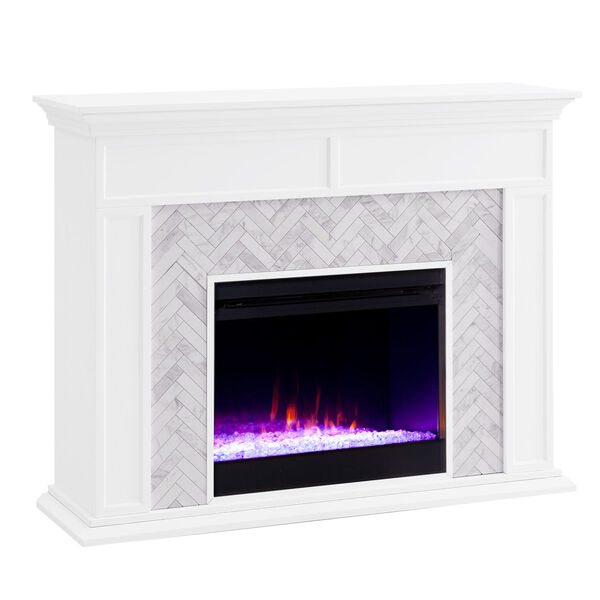 Torlington White Color Changing Marble-Tiled Electric Fireplace, image 2