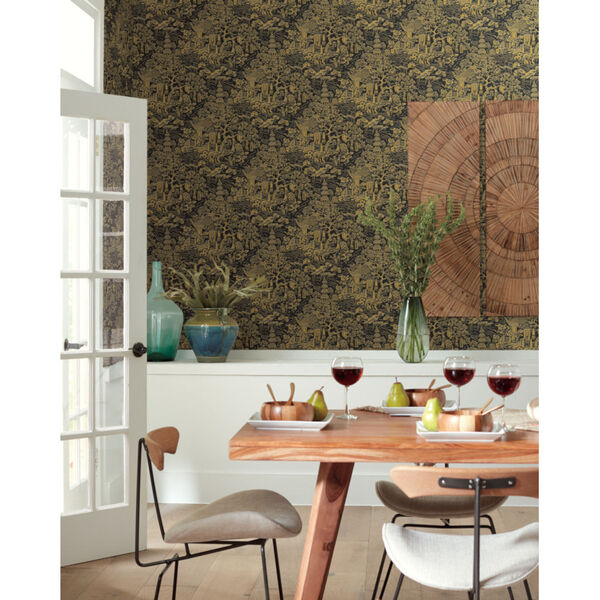 Ronald Redding Tea Garden Black and Gold Chinoiserie Wallpaper, image 4