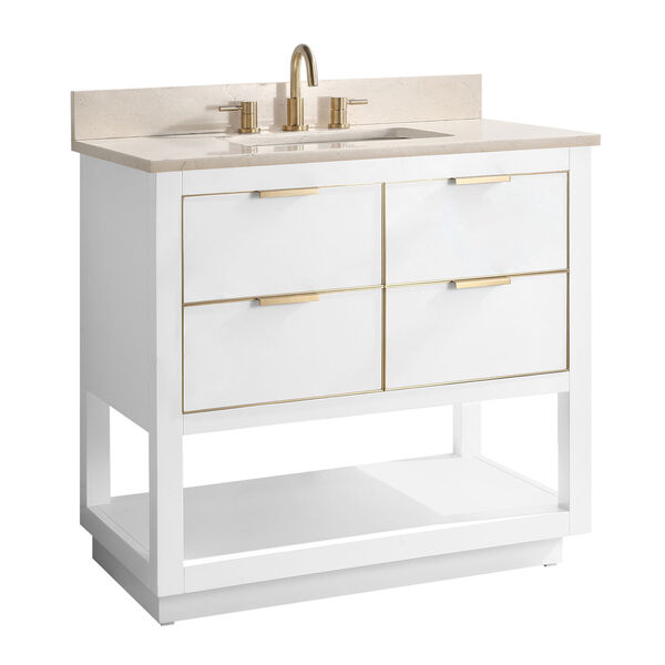 White 37-Inch Bath vanity with Gold Trim and Crema Marfil Marble Top, image 2