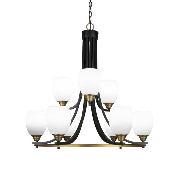 Paramount Matte Black and Brass 30-Inch Nine-Light Chandelier with White Linen Glass Shade, image 1