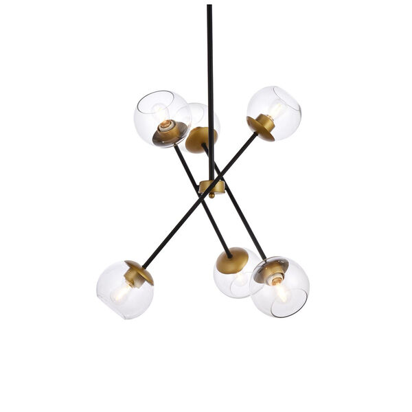 Axl Black and Brass Six-Light Pendant with Clear Shade, image 3