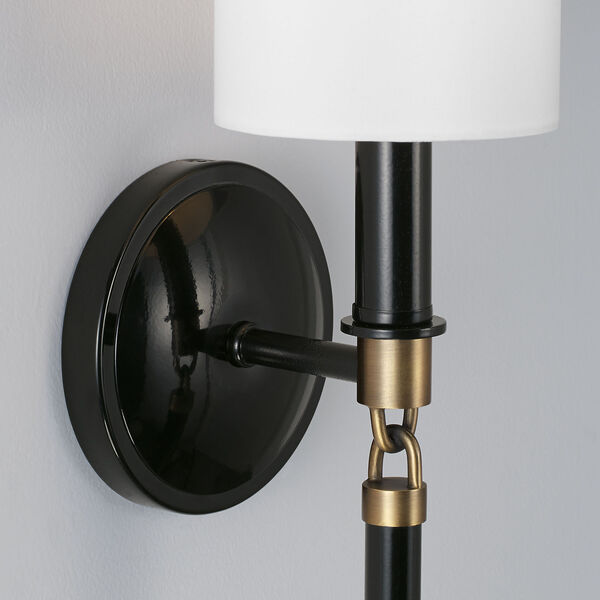 Beckham Glossy Black and Aged Brass One-Light Wall Sconce with White Fabric Stay Straight Shade, image 5