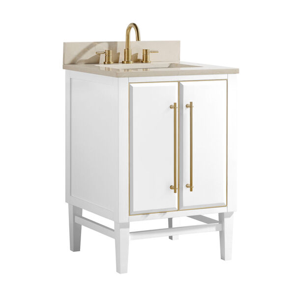 White 25-Inch Bath vanity Set with Gold Trim and Crema Marfil Marble Top, image 2