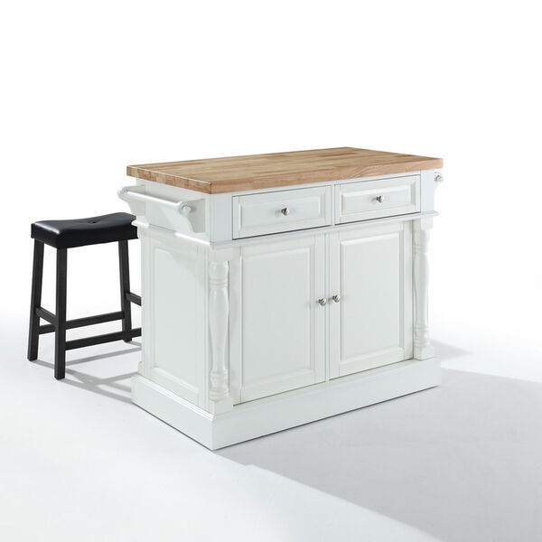 Butcher Block Top Kitchen Island in White Finish with 24-Inch Black Upholstered Saddle Stools, image 1